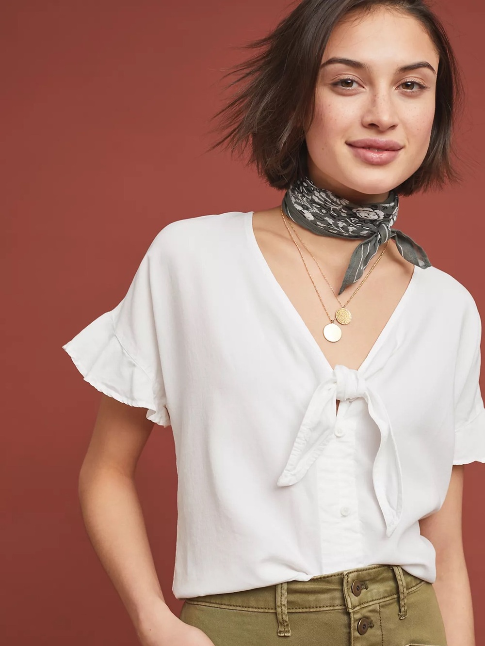 Cloth & Stone Anthropologie White Tie Front Ruffle Blouse PXS